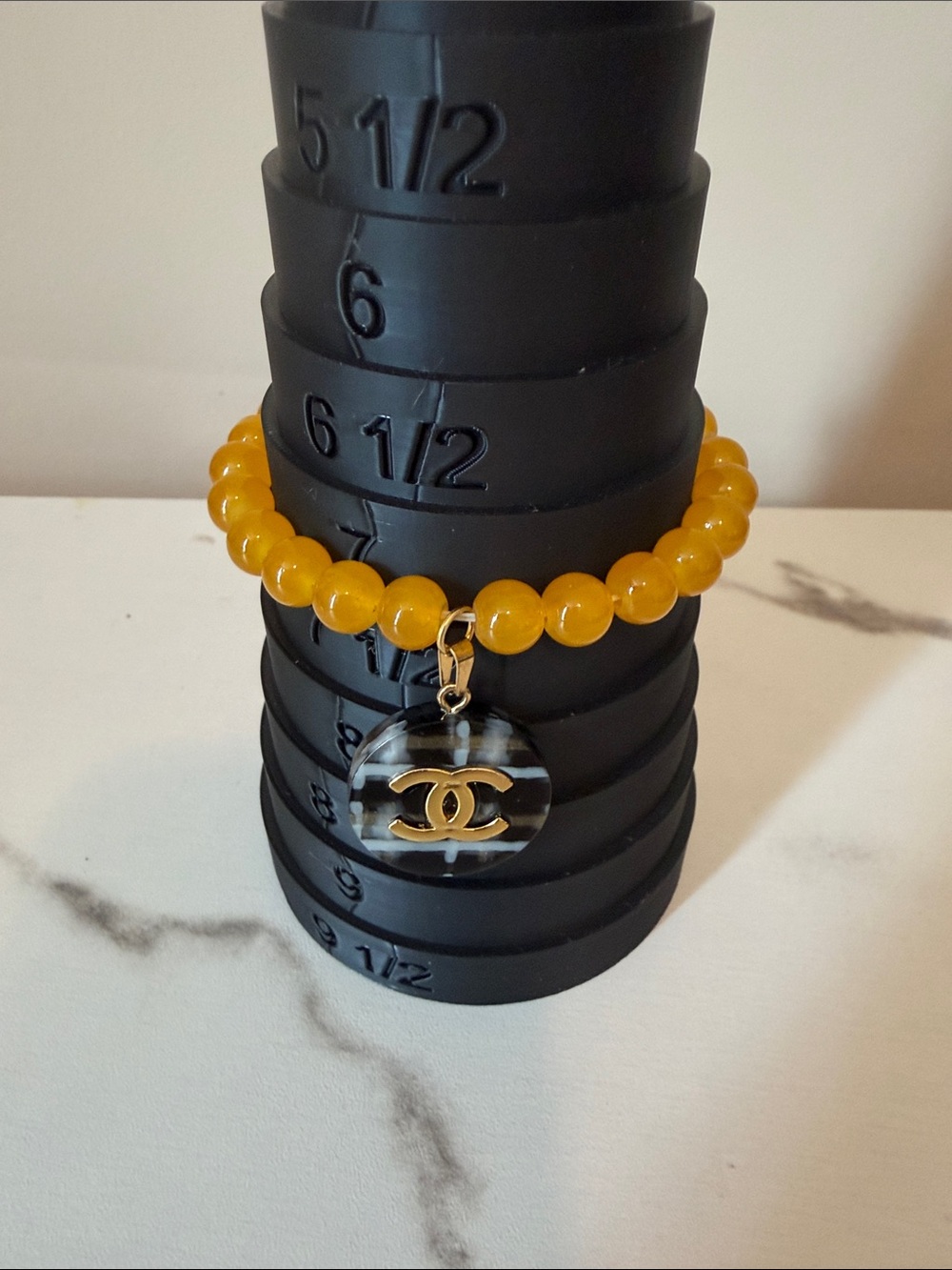 Upcycled Yellow‎ Beaded Bracelet with stamped CC charm